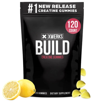 Xwerks Build Creatine Gummies for Men & Women 120 Count 100% Pure Creatine Monohydrate Lemon Flavored Muscle Building Gummy (4g per Serving) Pre Workout Anti-Melting Gummies (5000mg